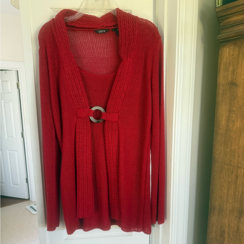 Elegant Red Cardigan with Ring Detail